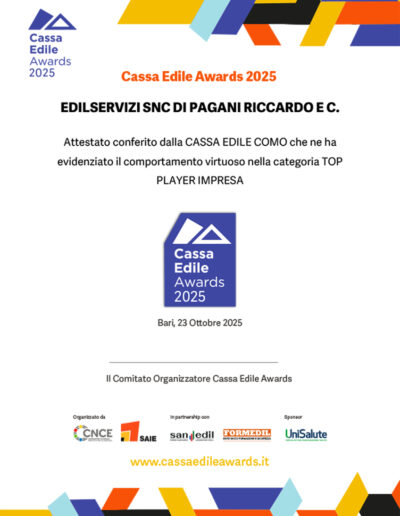 riconoscimento 2025 Cassa Edile per comportamento virtuoso nella categoria TOP PLAYER IMPRESA