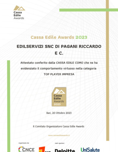 Riconoscimento 2023 Cassa Edile per comportamento virtuoso nella categoria TOP PLAYER IMPRESA